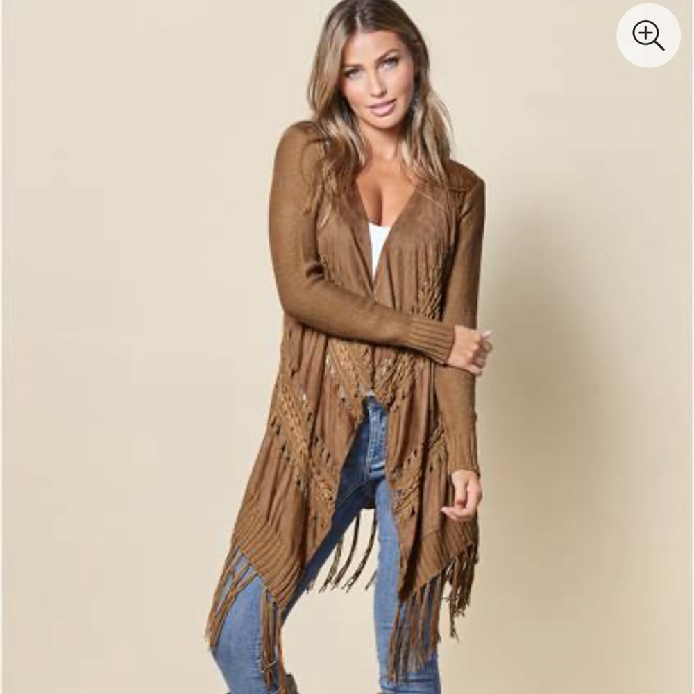 Faux-Suede Fringe Cardigan